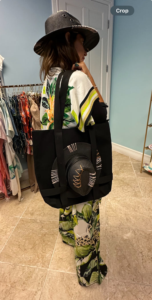 Black canvas hat tote