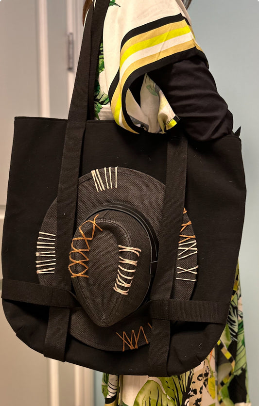 Black canvas hat tote